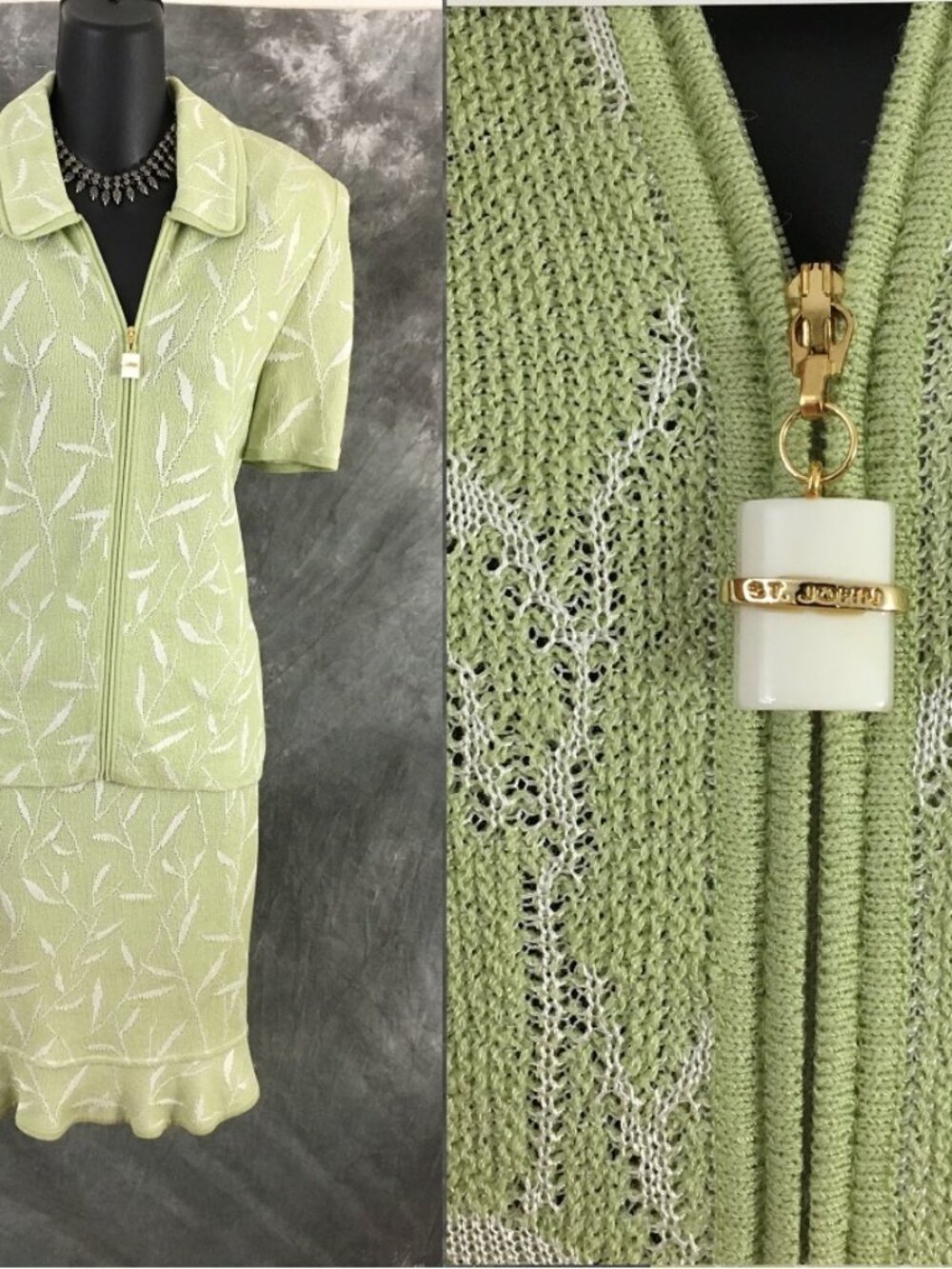 BEAUTIFUL St John collection knit green white jacket skirt suit size 8 10